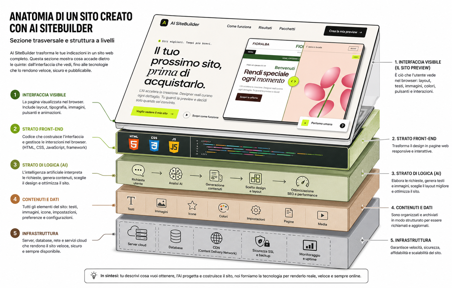 Infografica sui cinque livelli di un sito AI SiteBuilder: interfaccia, front-end, logica AI, contenuti e infrastruttura